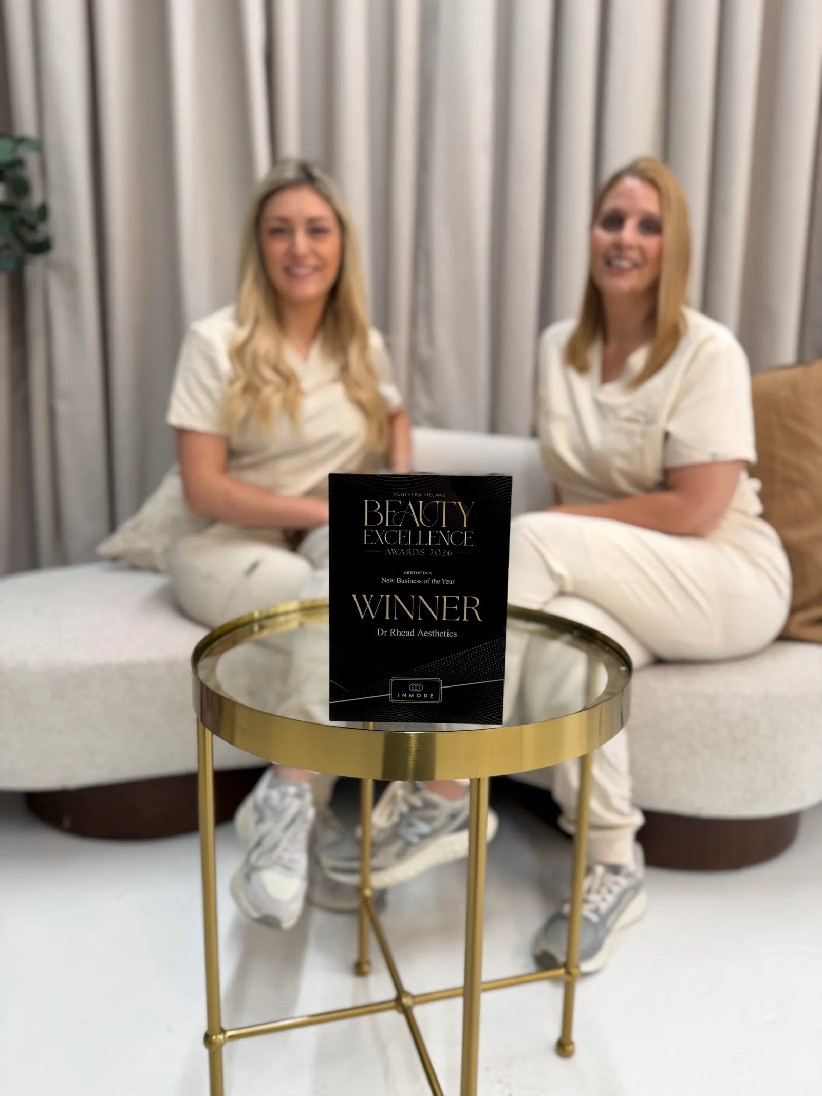 The 2026 NI Beauty Excellence Awards trophy for Winner, New Business of the Year (Aesthetics), at Dr Rhead Aesthetics.